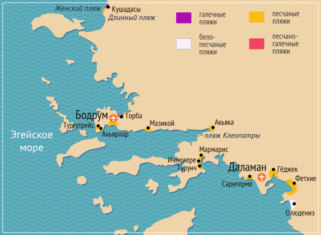 Карта курортов Турции на Эгейском море