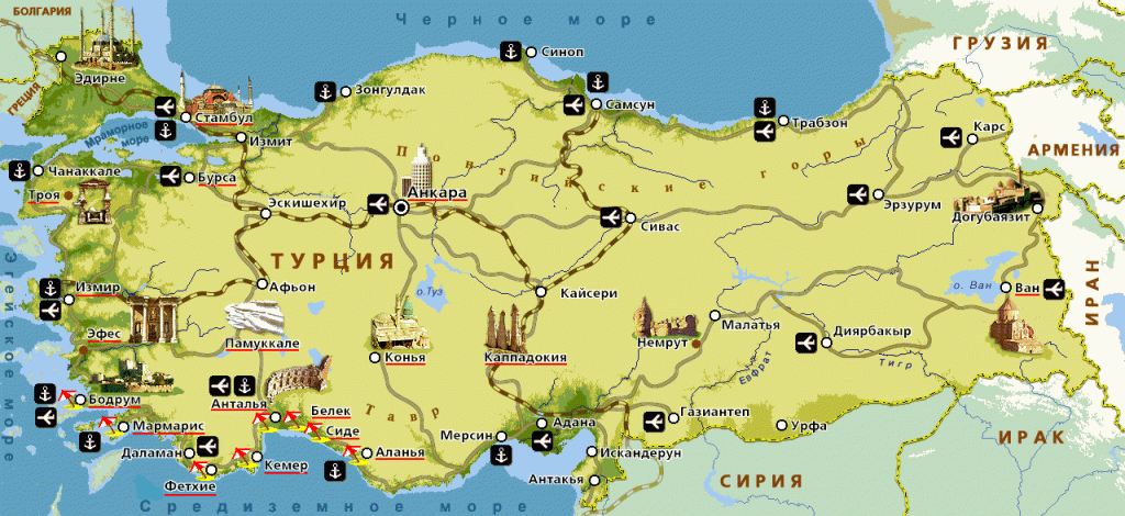 Карта курортов Турции на русском языке